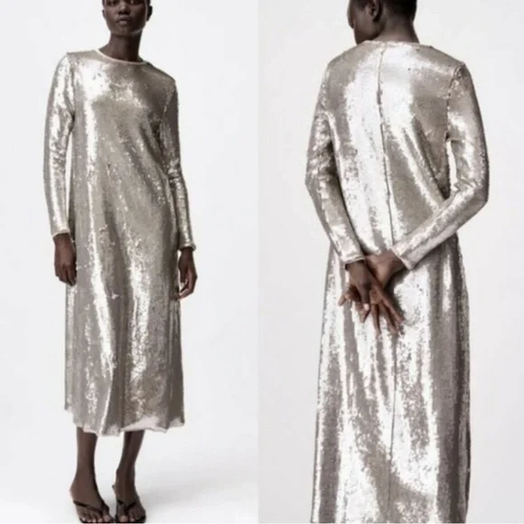 Zara silver sequin long sleeve midi dress size medium - Picture 14 of 14